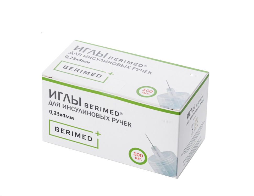 Иглы для инсулиновых шприц ручек BERIMED 32G (0.23 х 4 мм) 100 штук