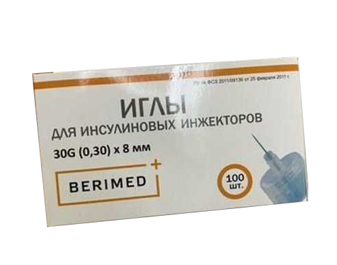 Иглы для инсулиновых шприц ручек BERIMED 30G (0.30 х 8 мм) 100 штук