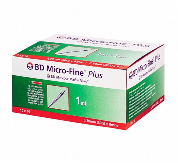 Инсулиновый шприц 1 мл с интегрированной иглой U100 BD Micro-Fine Plus 30G 0,3 x 8 мм, Becton Dickinson, 100 штук