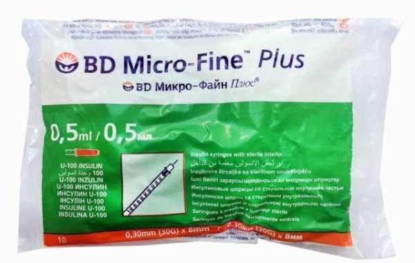 Инсулиновый шприц 0,5 мл с интегрированной иглой U100 BD Micro-Fine Plus 30G 0,3 x 8 мм, Becton Dickinson, 10 штук