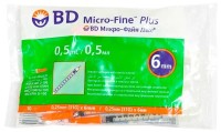 Инсулиновый шприц 0,5 мл с интегрированной иглой U100 BD Micro-Fine Plus 31G 0,25 x 6 мм, Becton Dickinson, 10 штук