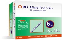 Инсулиновый шприц 0,5 мл с интегрированной иглой U100 BD Micro-Fine Plus 31G 0,25 x 6 мм, Becton Dickinson, 100 штук