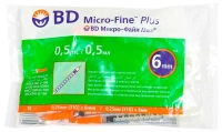 Инсулиновый шприц 0,5 мл с интегрированной иглой U100 BD Micro-Fine Plus 31G 0,25 x 6 мм, Becton Dickinson, 100 штук