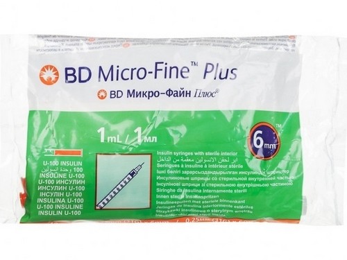 Инсулиновый шприц 1 мл с интегрированной иглой U100 BD Micro-Fine Plus 31G 0,25 x 6 мм, Becton Dickinson, 10 штук