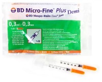 Инсулиновый шприц 0.3 мл с интегрированной иглой U100 BD Micro-Fine Plus DEMI 30G 0,3 x 8 мм, Becton Dickinson, 10 штук