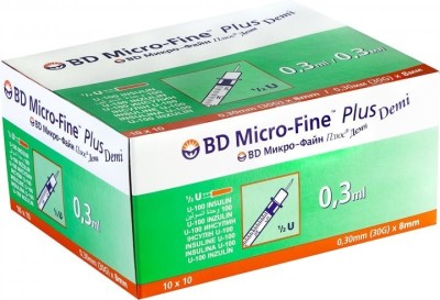 Инсулиновый шприц 0.3 мл с интегрированной иглой U100 BD Micro-Fine Plus DEMI 30G 0,3 x 8 мм, Becton Dickinson, 100 штук