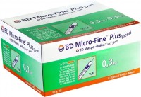 Инсулиновый шприц 0.3 мл с интегрированной иглой U100 BD Micro-Fine Plus DEMI 30G 0,3 x 8 мм, Becton Dickinson 50 штук